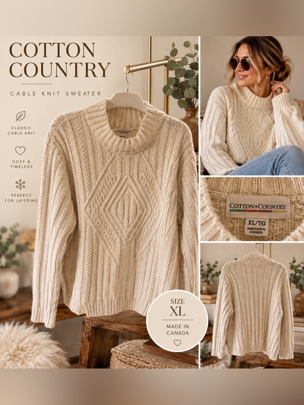 Cotton Country Cable Knit Sweater in Cream XL